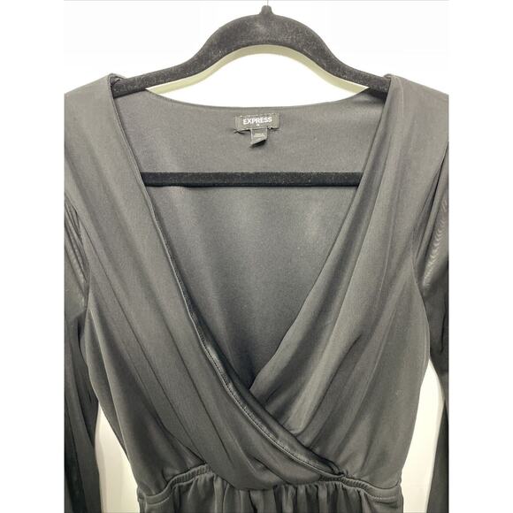 Express Black Long Sleeve Deep Draped V Neck Peplum Blouse Sheer Faux Wrap Top M - Picture 2 of 10